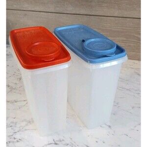 Vintage Tupperware 469 Set 2 Tall Cereal Keeper Food/ Snack Container Blue Red